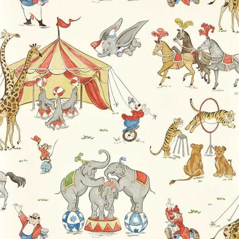 Disney Home x Sanderson Circus Nursery Theme Vintage, Circus Theme Nursery, Disney Nursery Themes, Circus Room Decor, Dumbo Wallpaper, Vintage Circus Nursery, Circus Decor, Circus Nursery, Circus Wallpaper