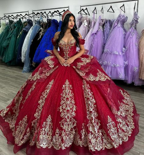 ✨New in store✨ Also available to order in Rose/Gold, Champagne/Gold and Royal/Gold . . . . . . #misquinceaños #mis15años #misquince #princesabymoncheri Red With Gold Quinceanera Dresses, Quincenera Dresses Red, Quince Decorations Red And Gold, Quinceanera Dresses Red And Gold, Red Quinceanera Dresses With Gold, Red Theme Quinceanera Ideas, Red And Gold Quince Dress, Quinceanera Red Theme, Wine Red Quinceanera Dresses