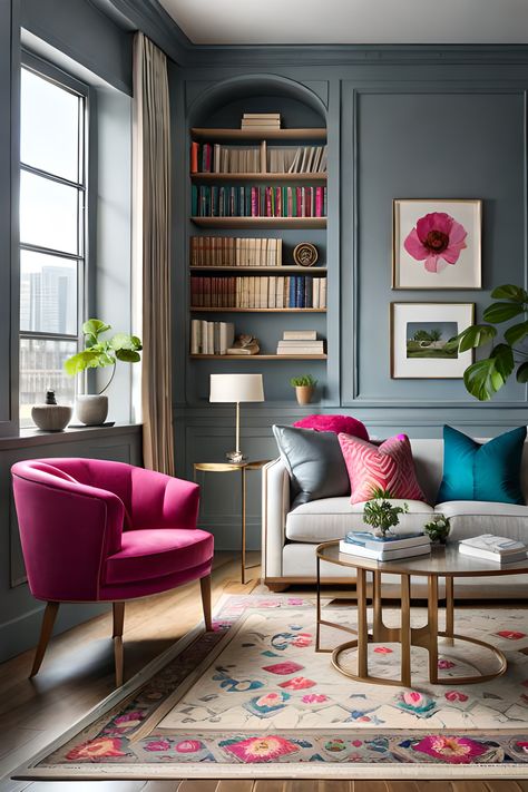 Sitting Area In Room Bedrooms, Traditional Living Room Grey Couch, Gray Sofa Blue Pillows, Furniture With Gray Walls, Pink And Blue Living Room Ideas, Colorful Transitional Living Room, Bright Colorful Living Room Ideas, Gray And Pink Living Room, Pink And Blue Living Room