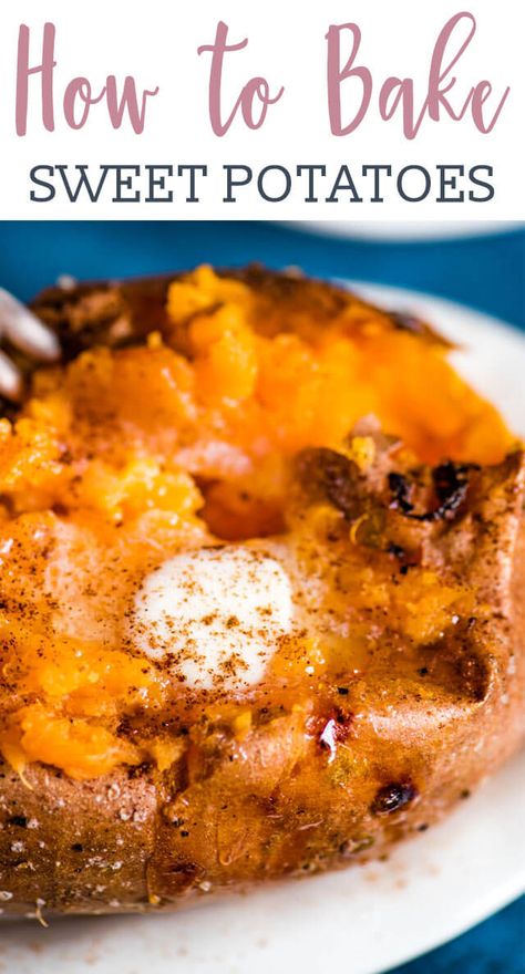 How to make the BEST baked sweet potatoes! We'll give you hints on how to get a crispy crust and fluffy potatoes inside. Plus the best sweet potato toppings! #potatoes #sweetpotatoes #bakedpotatoes #sidedish  via @tastesoflizzyt How To Make A Sweet Potato, Oven Baked Sweet Potatoes, Fluffy Potatoes, Best Baked Sweet Potato, Sweet Potato Toppings, Best Sweet Potato, Sweet Potato Recipes Baked, Potatoes Baked, Baked Sweet Potatoes