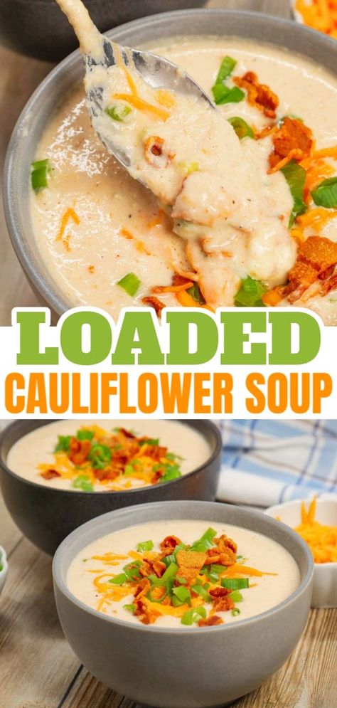 Loaded Cauliflower Soup is a rich and creamy soup loaded with bacon, cream cheese, green onions and cheddar cheese. Best Cauliflower Soup, Loaded Cauliflower Soup, Veggie Lunches, The Best Cauliflower, Cauliflower Cheese Soups, Thm Meals, Cauliflower Soup Recipe, Instapot Meals, Supper Tonight