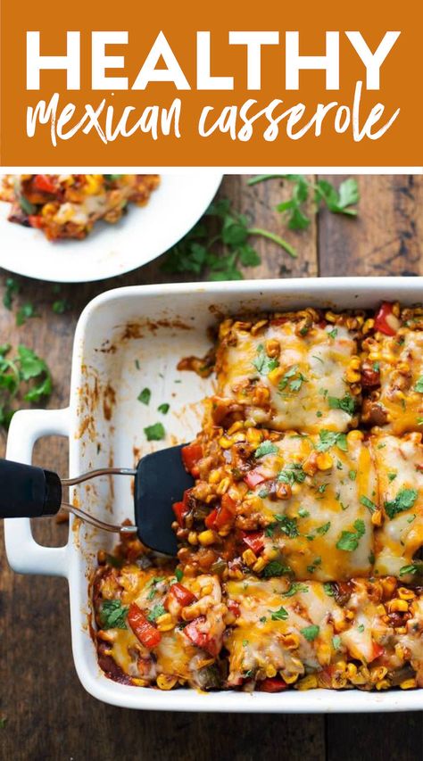 Healthy Mexican Casserole with Roasted Corn and Peppers! This Healthy Mexican Casserole has roasted corn, roasted bell peppers, cheese, enchilada sauce, and corn tortillas. Perfect leftovers for lunches! #casserole #mexican #healthyrecipe Cheese Enchilada Sauce, Healthy Mexican Casserole, Roasted Bell Peppers, Healthy Mexican Recipes, Meal Train Recipes, Mexican Casserole, Healthy Mexican, Healthy Casseroles, Roasted Corn