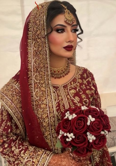 Pakistani Bridal Makeup Red Pakistan, Maroon Bridal Makeup, Pakistani Bridal Makeup Red, Barat Makeup, Shaadi Makeup, Desi Bridal Makeup, Bridal Makeup Red Lips, Maroon Makeup, Red Saree Wedding