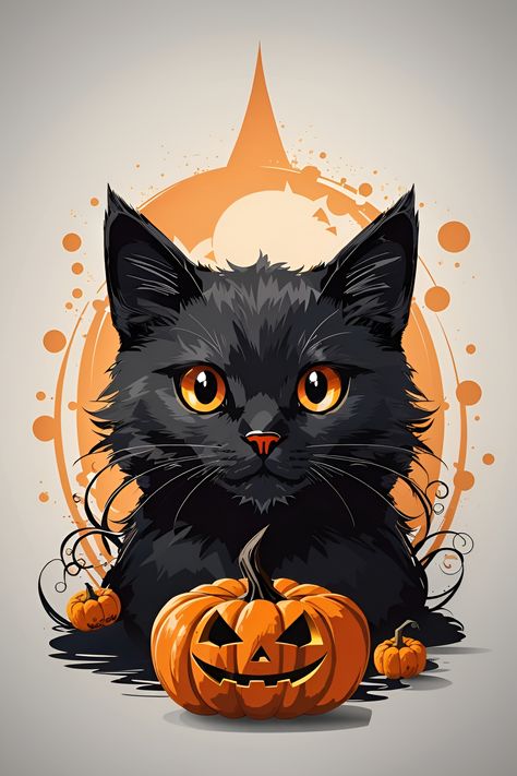 A picture of a black cat above a smiling pumpkin, great for a Halloween T-Shirt. Halloween Cat Drawing, Halloween Desenhos, Cat Drawing Illustration, Cat T Shirt Design, Halloween Procreate, Image Halloween, Chat Halloween, Halloween Tattoo, Halloween Artwork