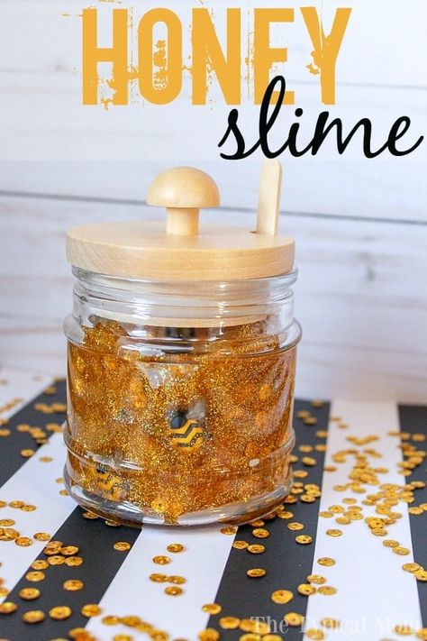 This is how you make honey slime with glue! A fun gold glitter slime with bees buzzing around inside just for fun. A great addition to any slime birthday party or just a weekend activity the kids will love to make together with you. Here are the slime ingredients you need and how to make it. #honey #slime #gold #glitter #glue #easy #ingredients Bee Themed Crafts, Slime With Glue, Honey Slime, Aesthetic Slime, Slime Birthday Party, Kids Slime, Slime Ingredients, Insects Preschool, Slime Birthday