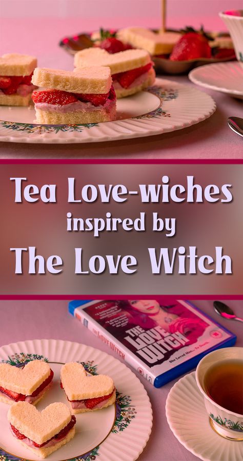 Inspired by Anna Biller's The Love Witch, The Geeks have put together a quick and easy dessert recipe for Tea Love-wiches! 2geekswhoeat.com #ValentinesDay #DessertRecipes #ValentinesDessert #TheLoveWitch #Shudder #HorrorMovieRecipes Witch Tea Party Food, Horror Movie Inspired Food, Love Witch Party, Horror Movie Inspired Recipes, Movie Inspired Food, Horror Recipes, Fandom Recipes, Movie Inspired Recipes, Tea Parlor