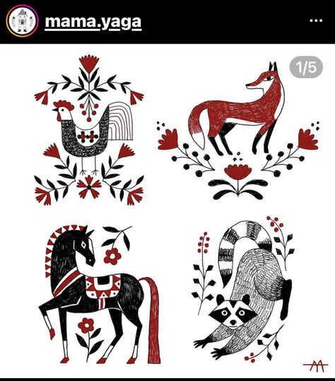 Folk Fox Tattoo, Ukrainian Folk Art Tattoo, Folktale Tattoo, American Traditional Folk Tattoo, Russian Folk Art Illustration, Deer Folk Art, Polish Folk Tattoo, Nordic Folk Art Tattoo, Scandanavian Tattoo