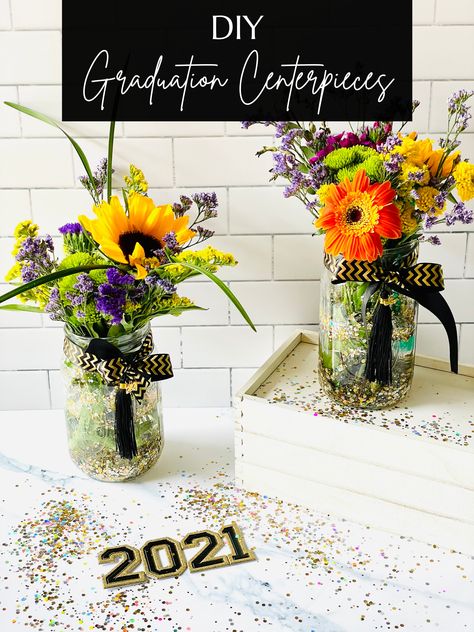 Flower Centerpieces For Graduation Party, Cheap Easy Centerpieces For Party, Graduation Floral Centerpieces, Graduation Tablescapes, Simple Party Centerpieces, Mason Jar Centerpieces For Graduation, Graduation Party Flowers, Graduation Flower Arrangements, Grad Party Table Centerpieces