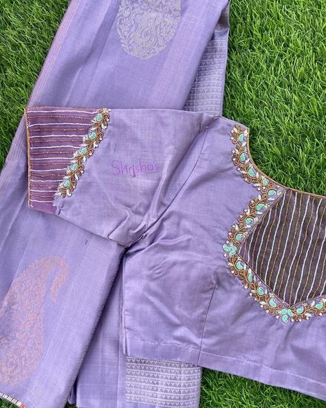 Emroidary Blouse Design, Saree Border Maggam Work, Netted Aari Work Blouse Design, Net Work Blouse Designs Latest, Net Work Blouse, Net Embroidery Blouse, Plain Blouse Designs, Blue Blouse Designs, Netted Blouse Designs