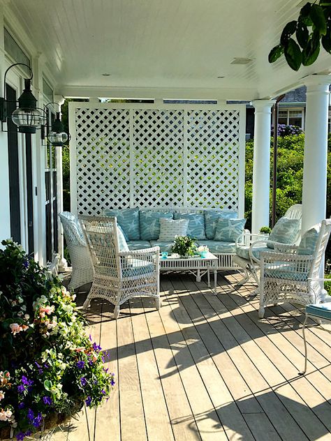 Nantucket Porch, Porch Privacy Screen, Privacy Deck, Porch Trellis, Porch Lattice, Lattice Privacy Screen, Farmhouse Porches, Porch Privacy, Side Patio