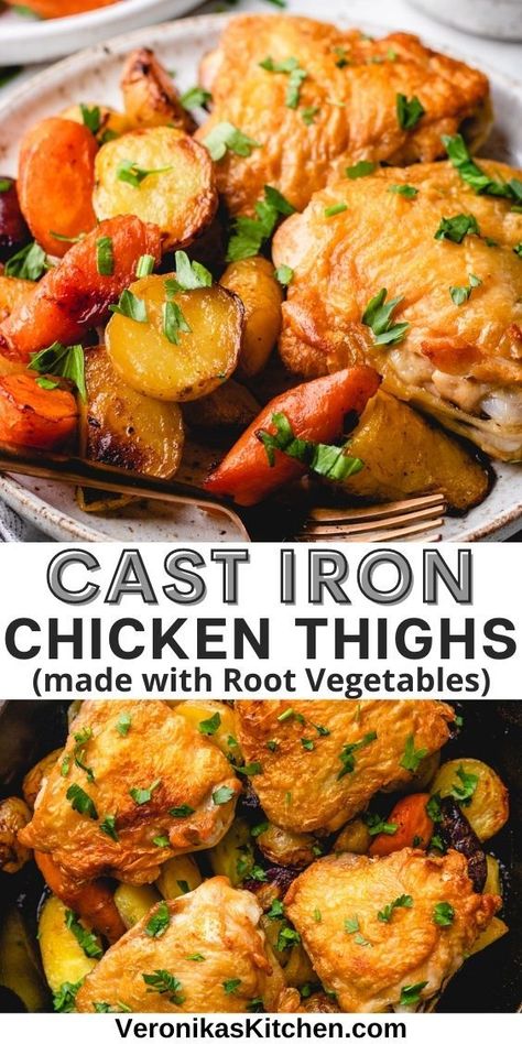 Chicken thighs with roasted potatoes and carrots. Cast Iron Chicken Thigh Recipes, Bone In Chicken Thigh Recipes Cast Iron, Roasted Chicken Thighs Bone In, Cast Iron Skillet Chicken Thighs, Cast Iron Chicken Thighs, Cast Iron Roasted Chicken, Cast Iron Skillet Recipes Dinner, Pork Milanese, Iron Ideas