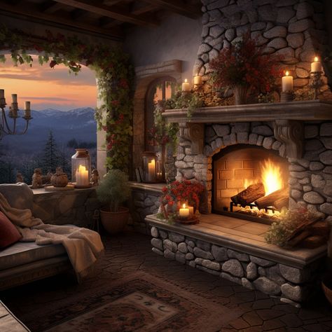 "Transform your space into a haven of warmth and comfort with our enchanting \"Cozy Fireplace Cottage\" digital art print. This captivating piece captures the timeless charm of a rustic cottage nestled amidst a winter wonderland. The focal point of this artwork is a crackling fireplace, its golden glow casting a gentle warmth across the room. Snowflakes drift lazily outside, adding a touch of magic to the scene. The cottage's quaint architecture is adorned with twinkling holiday lights, creating Garden Room With Fireplace, Interesting Fireplaces, Fantasy Fireplace, Fairytale Cottage Interiors, Fancy Fireplace, Fireplace Cottage, Fireplace Aesthetic, Autumn Fireplace, Gothic Fireplace