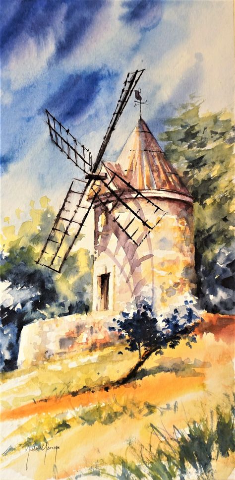 Windmill Art, Watercolor Paintings Nature, Watercolor Architecture, Watercolor Paintings For Beginners, Diy Watercolor Painting, Watercolour Inspiration, Watercolor Projects, Watercolor Landscape Paintings, Amazing Art Painting