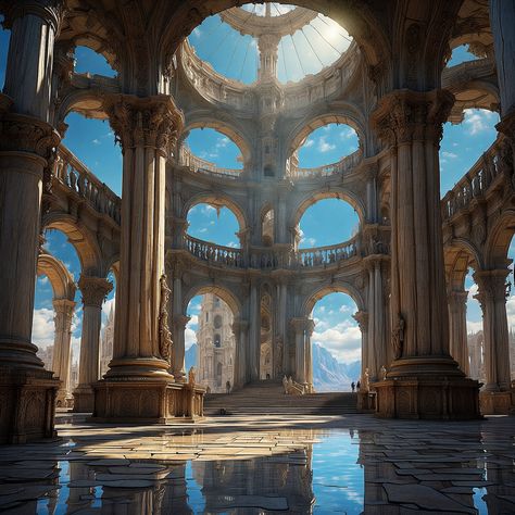 Sky Kingdom Aesthetic, Futuristic Kingdom, Heavenly Architecture, Fantasy World Aesthetic, Fantasy Structures, Blackpink Art, Fantasy Architecture, Fantasy City, Fantasy Castle