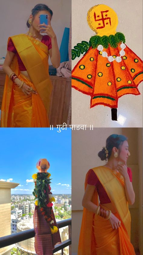 #gudipadwa #instagramstoryideas Gudi Padwa Instagram Story, Gudipadwa Marathi Look, Gudhipadva Photoshoot, Marathi Aesthetic, Creative Collage Ideas, Photography Infographic, 90s Bollywood Fashion, Brocade Blouse Designs, Snap Stories