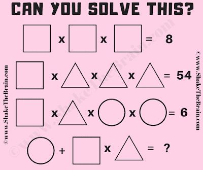 Here is the Maths Pictorial Picture Brain Teaser. In this maths brain teaser, you have to find the values of pictorial variables from given Maths equations and then solve the last Maths equation. Can you solve this Maths equation?Can you solve this math equation brain teaser?The answer to this "Maths Pictorial Equations Brain Teaser", can be viewed by clicking on the answer button.View AnswerThe answer is 7From the 1st Equation Square = 2From the 2nd Equation Triangle = 3From the 3rd Equation... Math Puzzles Middle School, Maths Equation, Math Intervention Activities, Math Puzzles Brain Teasers, Vedic Maths, Brain Teasers Riddles, High School Math Classroom, Math Pictures, Brain Teasers With Answers