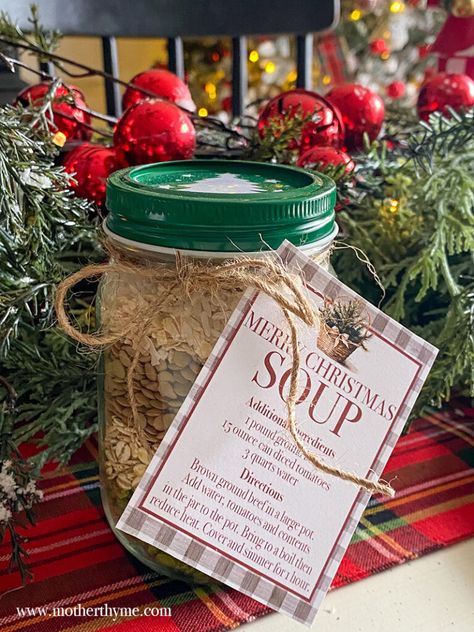 5 Christmas Gift in a Jar Ideas + Free Printable Tags! – Mother Thyme Mother Thyme Recipes, Mason Jar Food Gifts For Christmas Soup Mixes, Mother Thyme Christmas Crafts, Best Soup In A Jar Recipe Dry Mixes Gift, Mother Thyme Printables, Mason Jar Christmas Gifts For Coworkers, Soup Mix In A Jar Gift, Gift In A Jar Ideas, Mason Jar Gift Tags