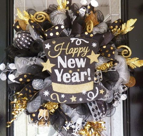 New Year's Wreath, New Year's Eve Party Decoration, Front door Wreaths, Deco Mesh Wreath, Door Hanger, Happy New Year by OccasionsBoutique on Etsy https://www.etsy.com/listing/259257952/new-years-wreath-new-years-eve-party Wreaths Deco Mesh, New Year Wreath, Couronne Diy, New Years Eve Day, Front Door Wreaths, Deco Wreaths, Festive Wreath, New Years Eve Decorations, Seasonal Wreaths