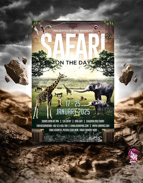 Safari on the Day Flyer Template Safari Poster Design, Layered Photos, Safari Poster, Holiday Flyer Template, Holiday Flyer Design, Raising Canes, Travel Poster Design, Holiday Templates, Graphic Design Flyer