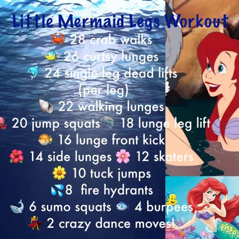 Little mermaid workout Mermaid Twist Workout, Winx Workouts, Disney Workout Challenge, Ariel Workout, Mermaid Workout, Superhero Workouts, Swimming Ideas, Disney Workout, Princess Workout