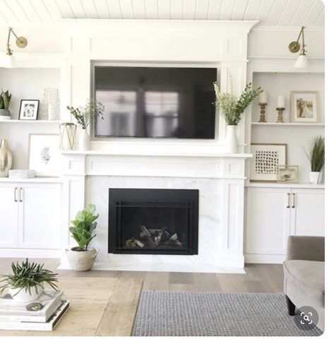 Do you like closed cabinet bases or glass. Library sconces per open shelving ? White Fireplace With Built Ins, Fireplace Mental, Tv Kitchen, Built In Around Fireplace, Built In Shelves Living Room, Living Room Built Ins, Fireplace Built Ins, House Updates, Design Information