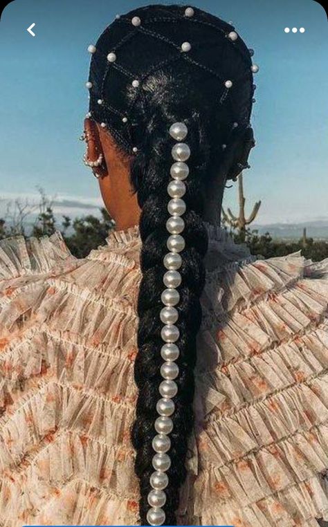 Pearls In Afro Hair, Pearls In Black Hair, Hair Stones Hairstyle, Afrofuturism Hairstyles, Pearls In Braids, Crown Loc Styles For Women, Locs With Pearls, Cap And Gown Hair Hairstyles Black Women, Wakanda Hairstyles