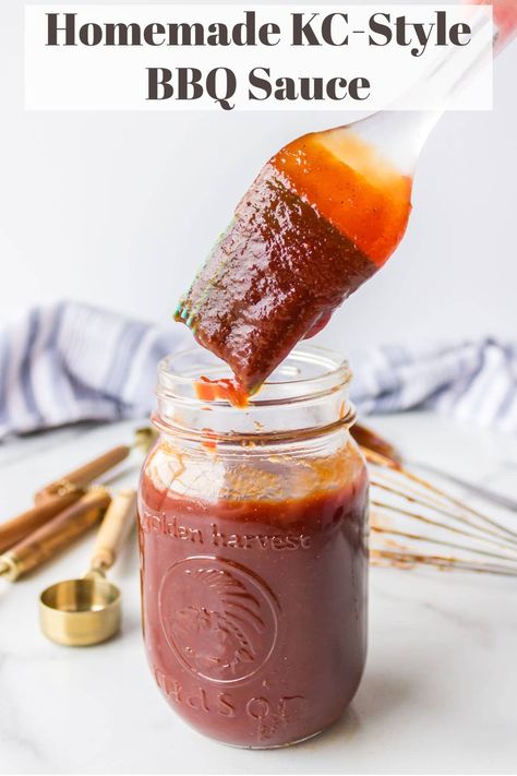 Homemade Kansas City style bbq sauce recipe is a sweet and tangy tomato-based barbecue sauce that's perfect with ribs, beef, chicken, & more! Low Sodium Bbq Sauce Recipe, Kansas City Bbq Sauce Recipe, Low Sodium Bbq Sauce, Honey Bbq Sauce Recipe, Honey Bbq Sauce, Barbecue Sauce Recipes, Honey Bbq, Barbeque Sauce, Spicy Honey