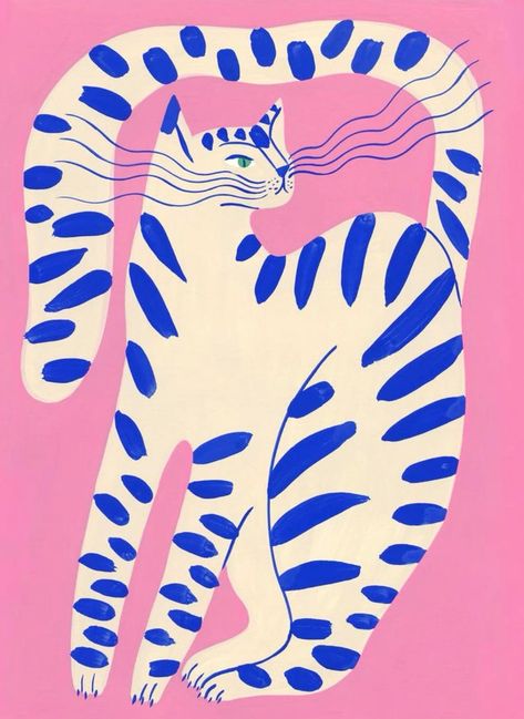 Cat Illustrations, Illustrations, Pink, Blue, White, Art