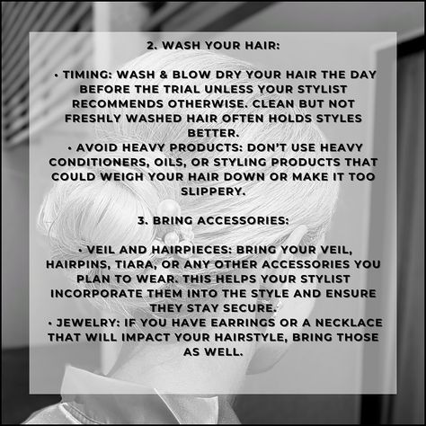 Calling all Brides to Be! Preparing for your bridal hair trial is an important step in ensuring your hairstyle complements your overall bridal look. Here’s how to get ready . . . . . . . . . #BridalHair #WeddingHair #BridalHairstylist #WeddingHairstyles #BridalHairInspiration #bridalbeauty #jupiterbridalhair #jupiterwedding #palmbeachwedding #palmbeachweddings #WeddingInspiration #WeddingIdeas #WeddingDay #HereComesTheBride #WeddingVibes #UpdoInspiration #HairGoals #HairInspo #BraidedUpdo #W... Hair Sayings, Wash And Blow Dry, Bridal Hair Inspiration, Palm Beach Wedding, Hair Quotes, Your Hairstyle, Bridal Look, Braided Updo, Bridal Beauty