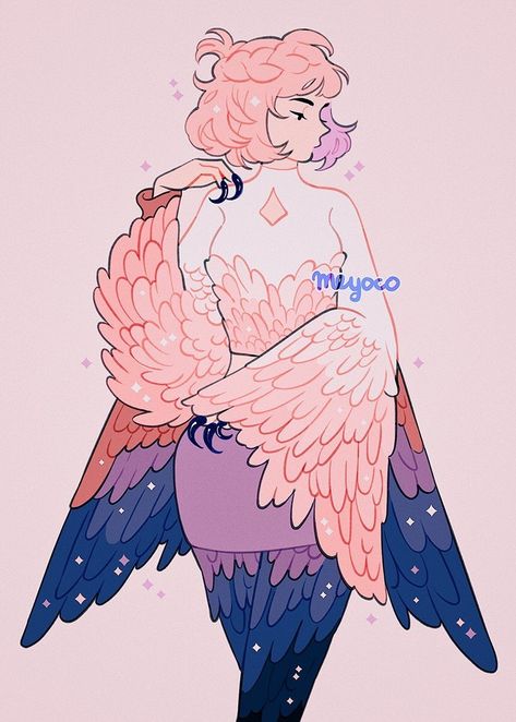 artist: meyoco Meyoco Art, Bird Lady, Arte Do Kawaii, Japon Illustration, Skylark, 판타지 아트, Cute Art Styles, Pastel Art, Kawaii Drawings