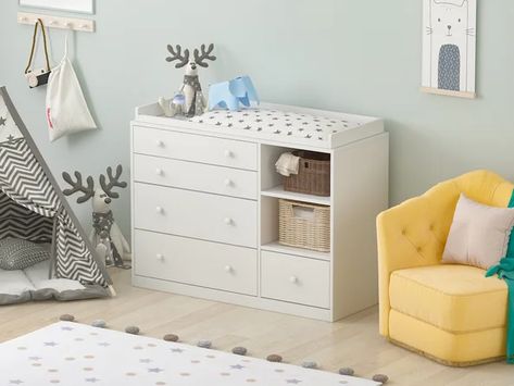 Latitude Run® Changing Table Dresser | Wayfair Baby Changing Table Ideas, Changing Table Ideas, Baby Changing Table Dresser, White Changing Table, White Wood Dresser, Baby Cabinet, Changing Table Topper, Storing Baby Clothes, Baby Dresser