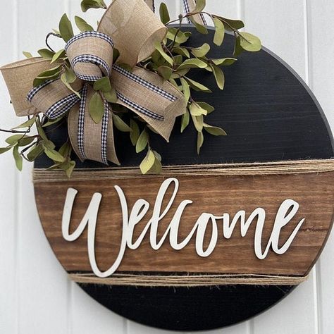 This Welcome Wood Word Cutout and welcome sign is perfect lightweight wreath decor, mantle decor or simply wall decor. Made in the color and size of your choice. - Details - - This listing is for 1 wooden ( welcome ) cutout - 1/8 thick - Sign Not included. Only the word ( welcome ) We look forward Welcome Door Hangers Wooden, Cricut Welcome Sign Circle, Circle Welcome Sign Front Door, Round Wood Signs, Circle Signs, Circle Door, Wood Lettering, Welcome Sign Front Door, Wood Welcome Sign