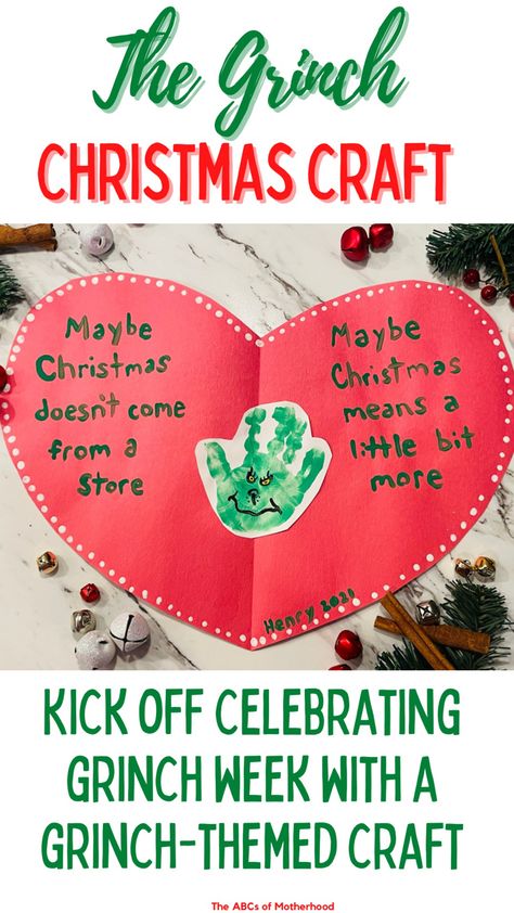 The Grinch Christmas Art, The Grinch Handprint, Cute Christmas Gifts Homemade, Grinchmas Crafts For Kids, Grinch Week Preschool, Grinch Hand Print Craft, The Grinch Crafts For Toddlers, Grinch Day Activities 3rd Grade, Grinch Toddler Activities