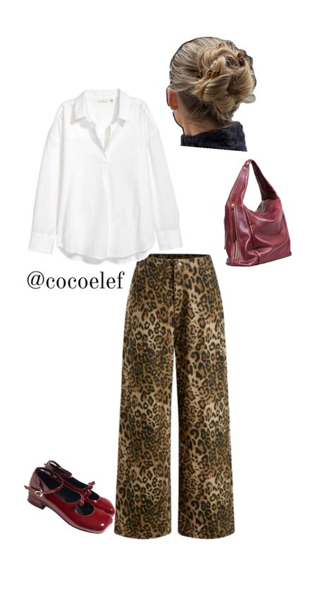 Leopard pants white shirt and red che Cherry Pants, Cherry Bag, Leopard Pants, Red Cherry, Pants White, Pants Outfit, White Shirt, Cherry, Outfit Inspo