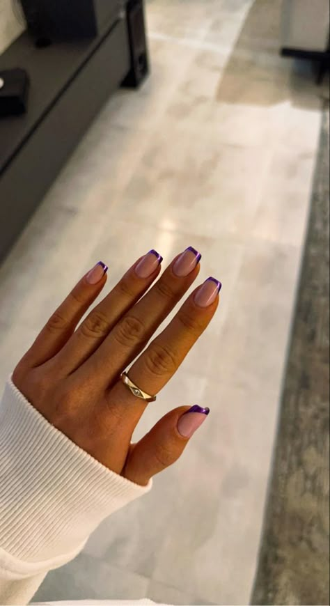 #manicure #chrome #trendy #french #nails #purple Colored French Tip Nails Short Square, Colored French Tip Nails Purple, Dark Purple Chrome French Tip Nails, Dark Purple Nail French Tip, What Color Nails With Purple Dress, Purple Tip Nails Coffin, Squoval Purple Nails, Purple Iridescent Nails French Tip, Short Cute Nails Purple