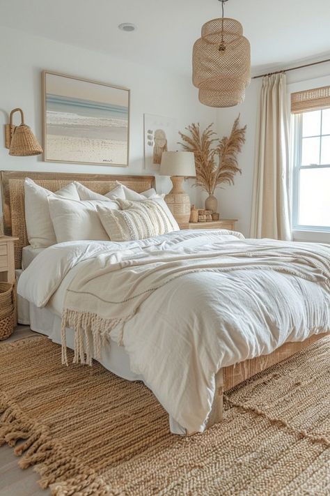 29 Beachy Boho Bedroom Ideas for a Serene Coastal Escape 2 Beachy Accent Wall, Boho Beach Bedroom, Coastal Boho Bedroom, Beachy Boho Bedroom, Beach Decorations, Beachy Bedroom, Boho Bedroom Ideas, Zen Bedroom, Girls Dorm Room