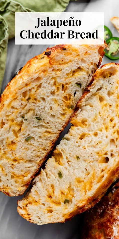 This super crusty no knead jalapeño cheddar bread is baked in a dutch oven and requires practically zero hands-on work from you! #breadrecipes #noknead #jalapenocheddar No Knead Dutch Oven Jalapeno Cheddar Bread, No Knead Jalapeno Cheddar Bread, Jalapeno Bread Dutch Oven, No Knead Cheddar Bread Dutch Oven, Cheese And Chive Bread, Jalapeno Cheddar Quick Bread, Cheddar Jalepeno Artisan Bread, Easy Jalapeno Cheddar Bread, Jalapeno Cheddar Focaccia Bread