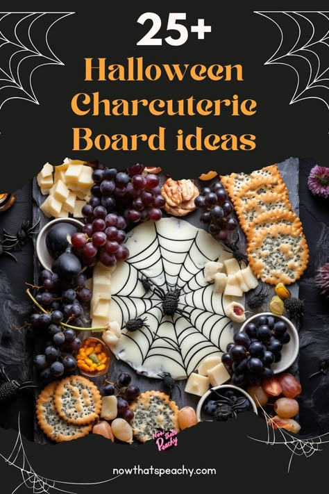 Spiderweb Halloween Dip anyone? Get inspired to make elegant Halloween Party Charcuterie Platter Boards that your guests will love! 
Simple to make with fruits, cut vegetables, cracker biscuit varieties, different dip flavours and cured meats like salami, chorizo, pork & cooked sausages. Add cheeses and wine to create the ultimate adult snack grazing tables Gothic Halloween Party Food, Witches Charcuterie Board, Halloween Charcutiere Board, Halloween Charcuterie Boards Ideas, Halloween Charcuterie Board For Adults, Halloween Cheese Charcuterie Board, Witch Charcuterie Board Ideas, Addams Family Charcuterie Board, Vampire Themed Charcuterie Board