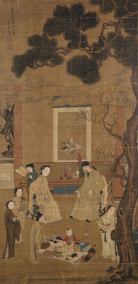 Woman's clothing of Ming Dynasty (1368 — 1644) in the painting "Draw Lots" (抓周图), by artist Yuan Yuan (袁源) of Ming Dynasty. Ming Dynasty Clothing, Ming Dynasty Painting, Ming Dynasty Art, Chinese Paper, Ancient Chinese Art, Ming Dynasty, Ancient China, Chinese Painting, Ancient Chinese