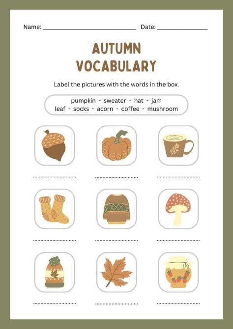 Autumn English Activities, Autumn Worksheets For Kids, Autumn Worksheet, Fall Vocabulary, Fall Worksheets, English Cut, Pastel Style, Fall Lessons, Cut And Paste Worksheets