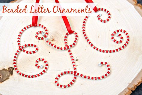 Beaded Letter Ornaments {DIY Handmade Christmas Ornaments} Letter Ornaments Diy, Beads Needle, Beaded Letters, Wire Writing, Beaded Ornaments Diy, Easy Ornaments, Sequin Ornaments, Initials Ornament, Letter Ornaments