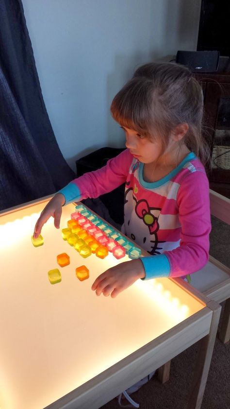 DIY Light Table     I joined our preschool board of directors last May and it has been a blast helping get the preschool equipped with awes... Light Table For Kids, Diy Light Table, Preschool Boards, Table Ikea, Diy Light Fixtures, Diy Light, Sensory Room, Light Board, Sensory Table