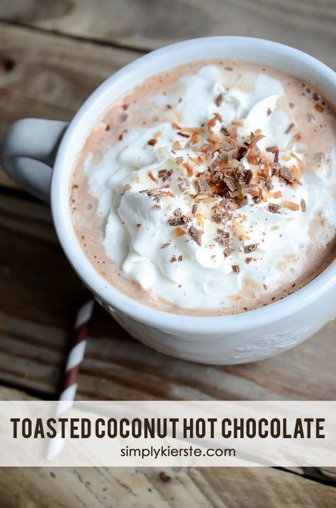 Toasted Coconut Hot Chocolate | simplykierste.com Beverage Stations, Hot Chocolate Recipe Homemade, Coconut Hot Chocolate, Crockpot Hot Chocolate, Tried And True Recipes, Desserts Cookies, Coconut Chocolate, Homemade Hot Chocolate, Hot Chocolate Mix