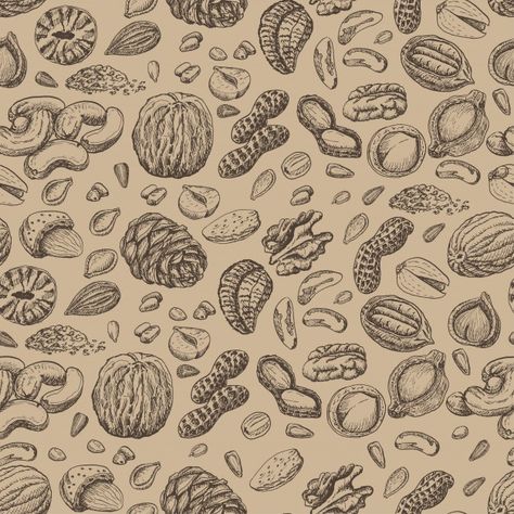 Seamless pattern with seeds and nuts | Premium Vector #Freepik #vector #background #pattern #food #hand Mixed Nuts Packaging, Fruits Printable, Baking Packaging, Fruit Packaging, Fruit Vector, Marketing Poster, Kawaii Core, Vector Background Pattern, Black Bull