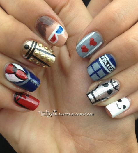 The Nailinator: Doctor Who Nail Art Geek Nails, Doctor Who Nails, Nerdy Nails, Galaxy Nails, Timey Wimey Stuff, Fancy Nails, Creative Nails, Cool Nail Art, Dr Who