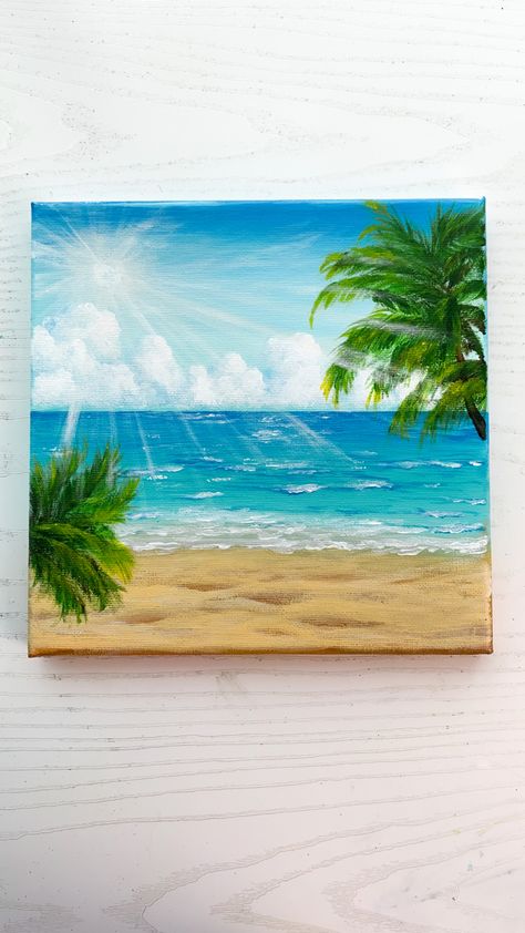 Island Painting Easy, Ocean Artwork Painting, Palm Acrylic Painting, Tropical Ocean Painting, Tropical Paradise Painting, Acrylic Mural Painting, Sand Painting Ideas, Tropical Island Painting, Island Painting Ideas