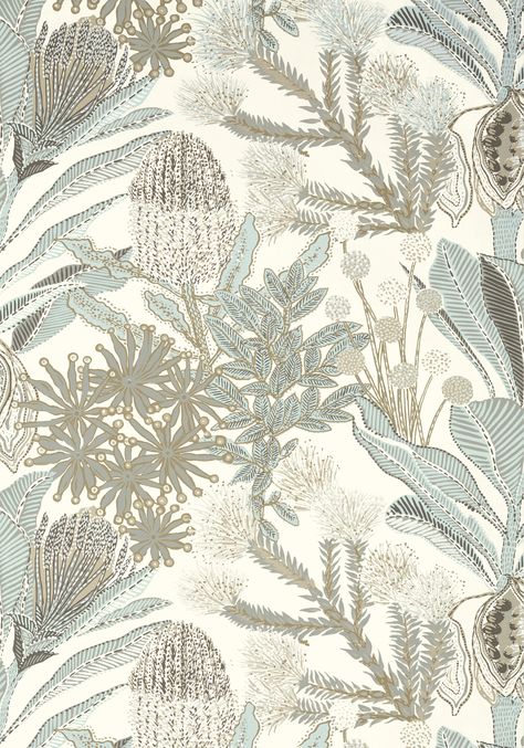 Inspired by the tropical flowering plant that symbolizes change and transformation, our new Protea wallcovering is impeccably detailed in enchanting colors that are true to the species. #interiordesign #floralwallpaper #flowerdesign #wallpaper #tropical Half Wall Of Wallpaper, Protea Wallpaper, Construction Wallpaper, Mystic Garden, Red Pumpkins, Thibaut Wallpaper, Linen Lights, Half Bathroom, Blue Colour Palette