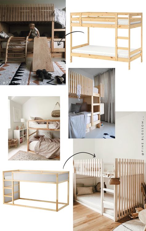 Toddler Beds Together, Ikea Mydal Bed Hack, Ikea Kura Bed Hack For Two, Mydal Bed Hack, Ikea Kura Two Beds, Kura Bed Hack House, Mydal Ikea Hack Bed Ideas, Diy Ikea Kura Bed, Two Bed Kids Room