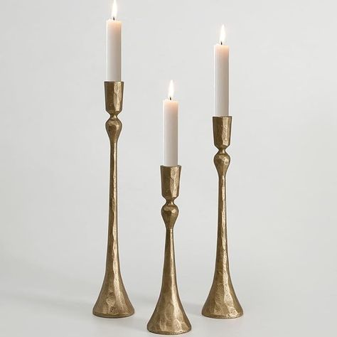 Amazon.com: Vintage Cast Iron Taper Candle Holder - Set of 3 Decorative Candle Stand, Candlestick Holder for Wedding, Dinning, Party (Antique Brass) : Home & Kitchen Antique Brass Candle Holders, Gold Candlestick Holders, Three Candle Holder, Candle Holder Crafts, Candles Vintage, Led Taper Candles, Candle Decoration, Candle Stands, Church Candles