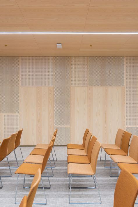 Gustafs acoustic wood panels are cladding this conference room interior. Both walls and ceiling has been mounted with our acoustic panels with three different perforations. #perforatedacousticwoodpanels #conferenceroomdesign #conferenceroominterior #officecomplexinterior #acousticwoodpanels Conference Room Acoustic Panels, Wood Acoustic Wall, Perforated Acoustic Panels, Perforated Wood Panel, Lecture Room Design, Conference Room Ceiling Design, Acoustic Panels Wall Design, Acoustic Panel Design, Wood Panel Ceiling